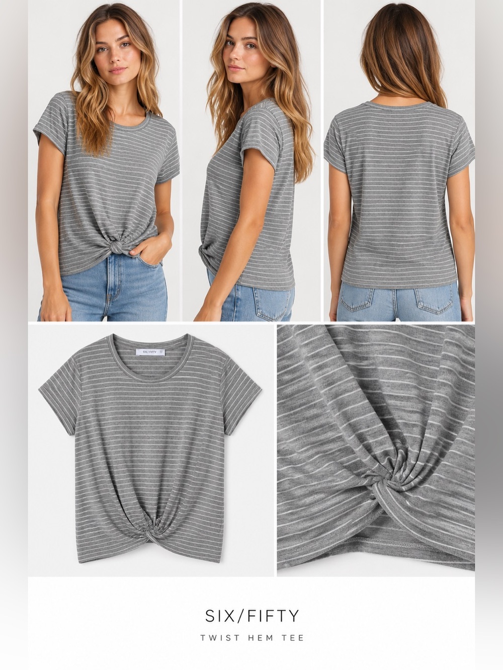 Six/Fifty Gray Stripe Twist Hem Tee | Short Sleeve | Knot Front Detail | NWT | S